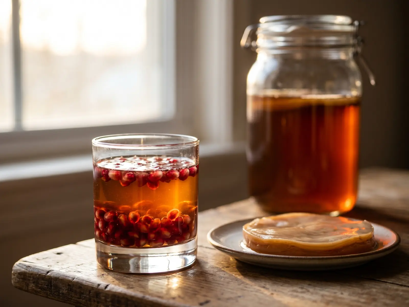 Verre bas de kombucha fonc&eacute; avec grenade, bouteille en arri&egrave;re-plan et lumi&egrave;re douce pr&egrave;s d&rsquo;une fen&ecirc;tre.