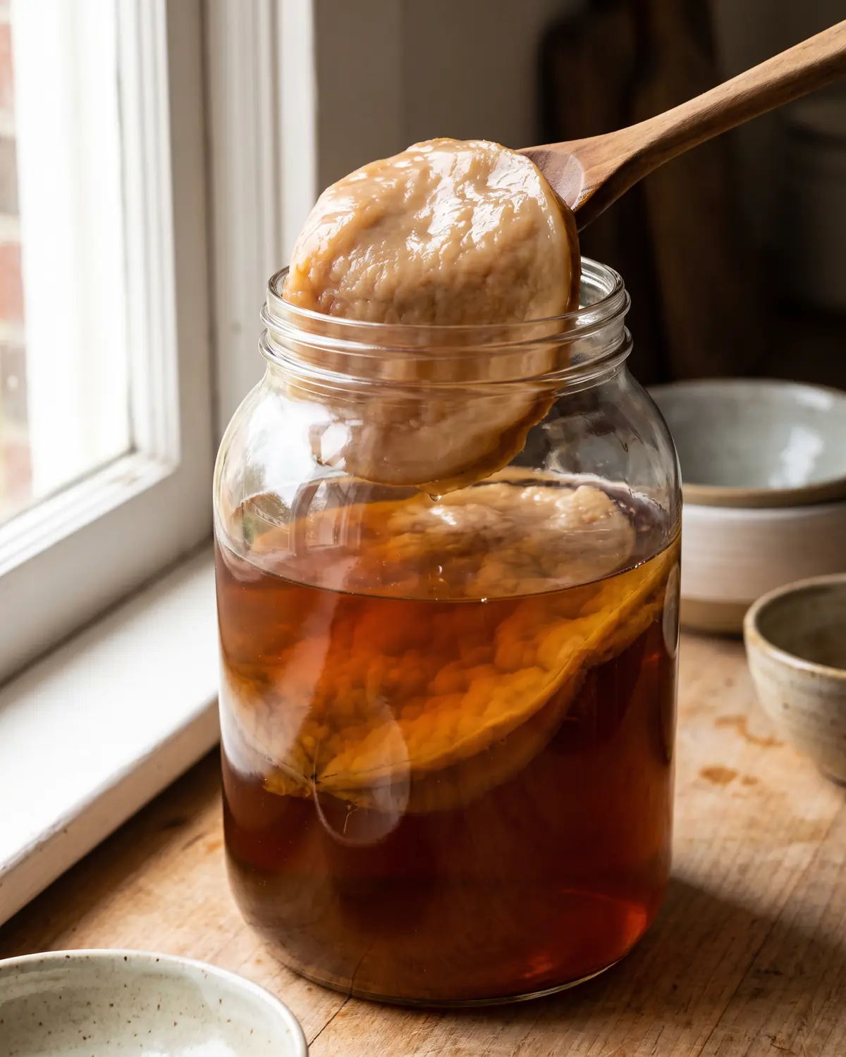 boisson fermentée kombucha Vue à travers un verre courbe montrant un SCOBY brun-beige comme un nuage sous une infusion ambrée