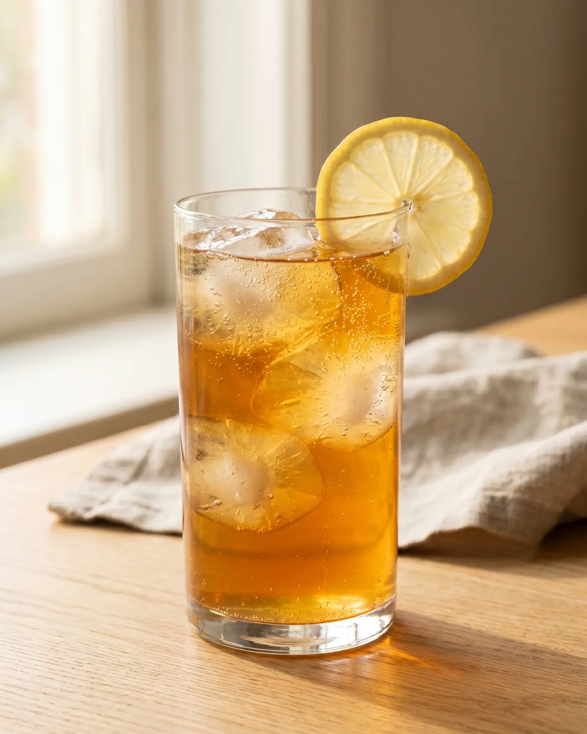 Verre vertical de kombucha frais avec gla&ccedil;ons naturels et rondelle de citron sur une sc&egrave;ne lumineuse.