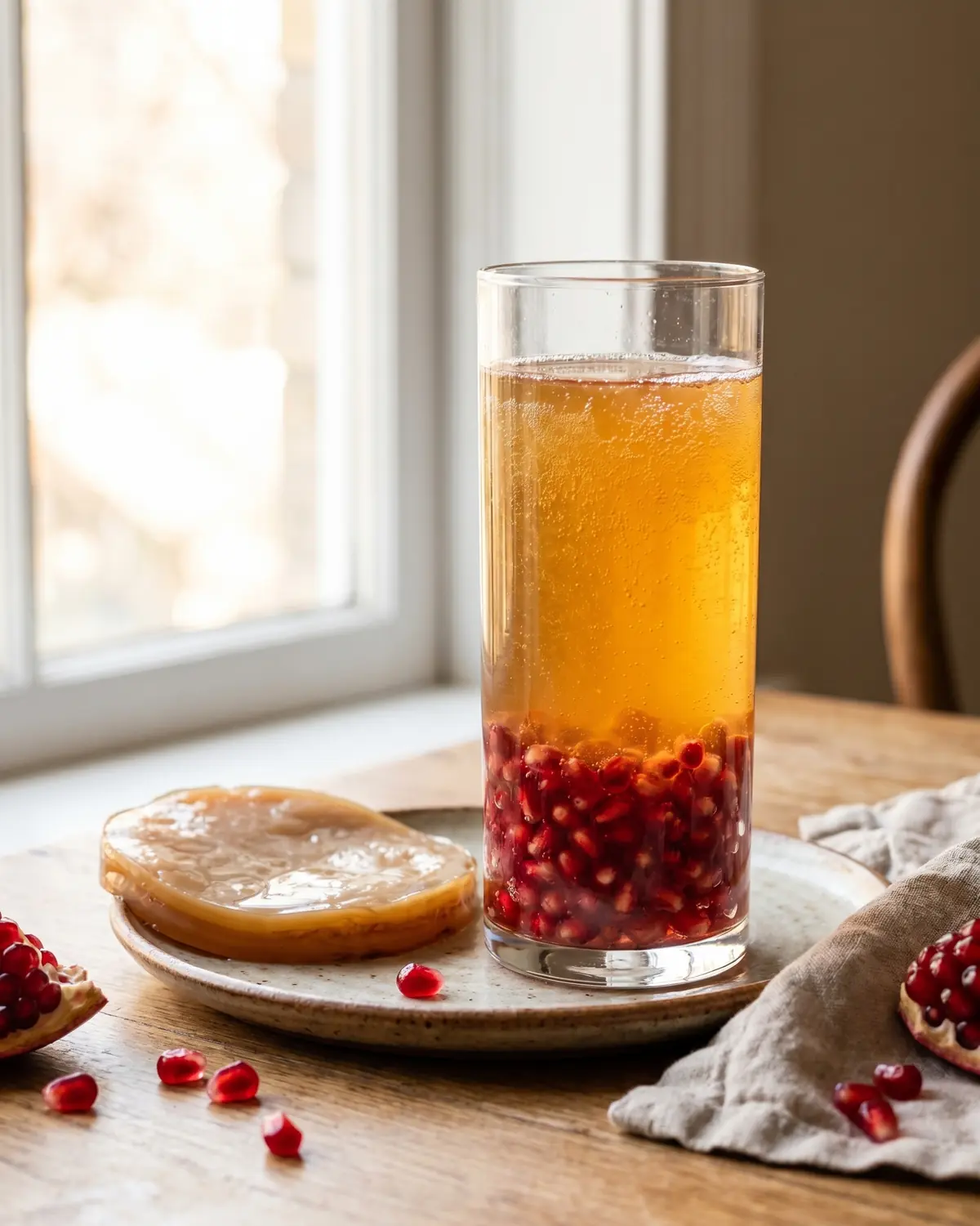 Grand verre de kombucha &agrave; la grenade pr&egrave;s d&rsquo;une fen&ecirc;tre, avec des graines rouges au fond du verre.