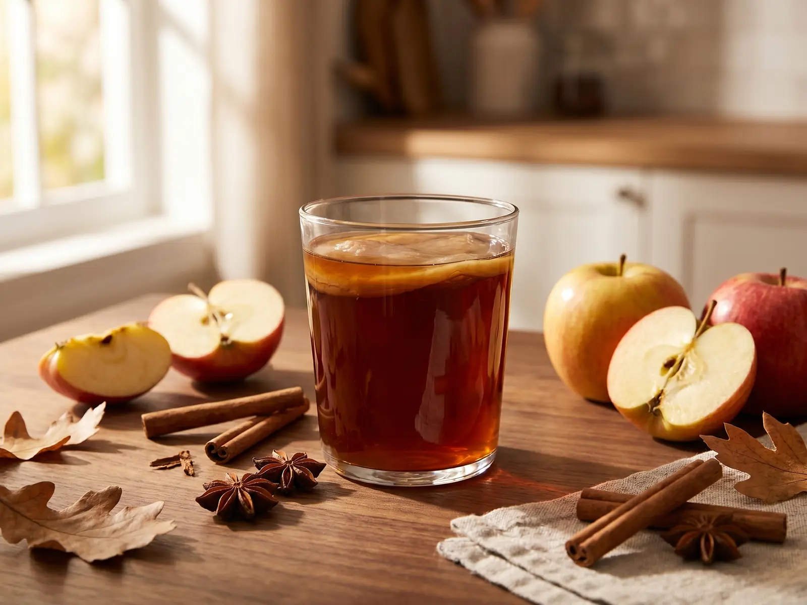 Verre de kombucha sombre avec pomme et cannelle sur une table en noyer, dans une ambiance automnale.