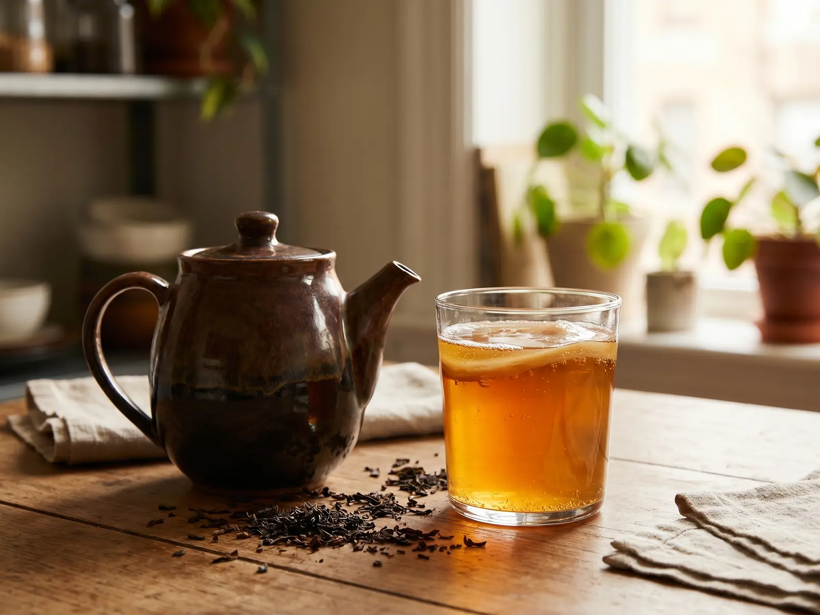 kombucha laxatif Verre de kombucha près d’une théière en céramique et de feuilles de thé sur une table de cuisine