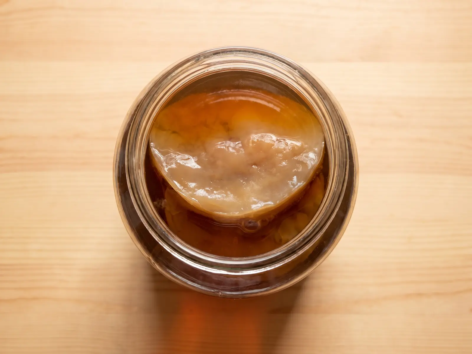 kombucha fruit de la passion Vue de dessus d’un bocal de kombucha avec un SCOBY beige flottant dans un thé sombre.