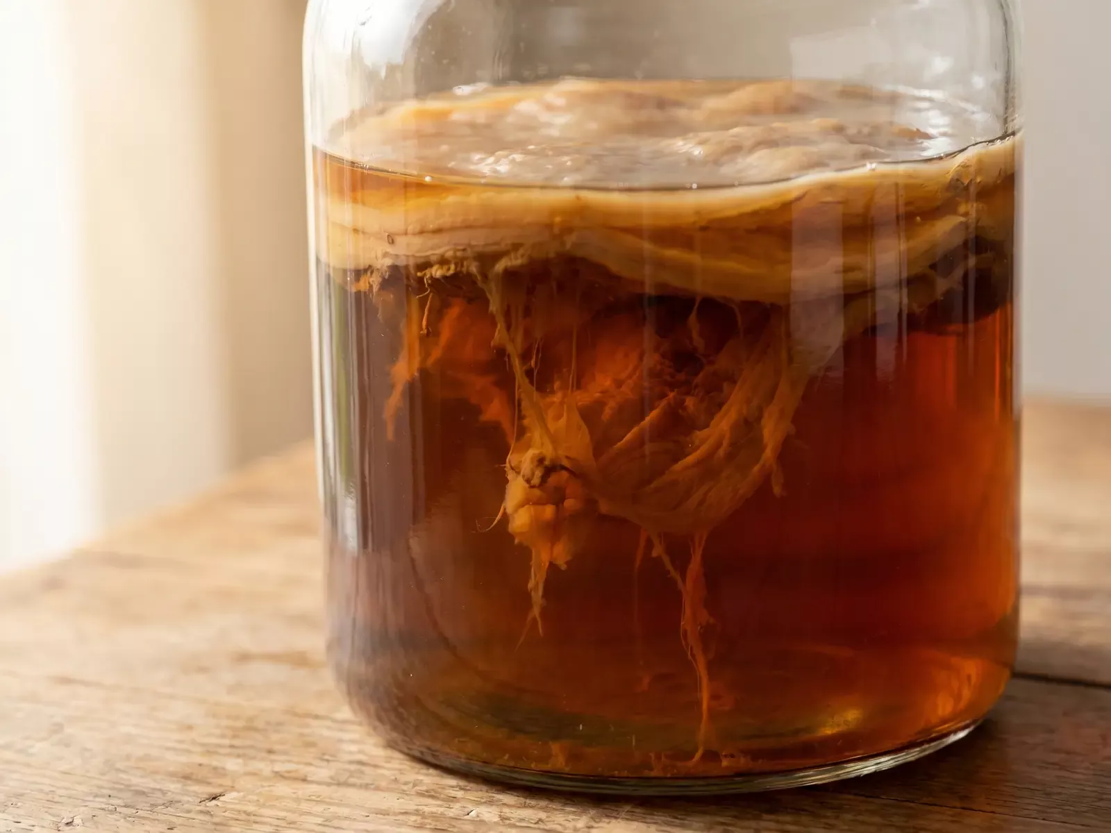 kombucha effets secondaires Filaments bruns suspendus sous un SCOBY dans un bocal de kombucha éclairé par le côté.