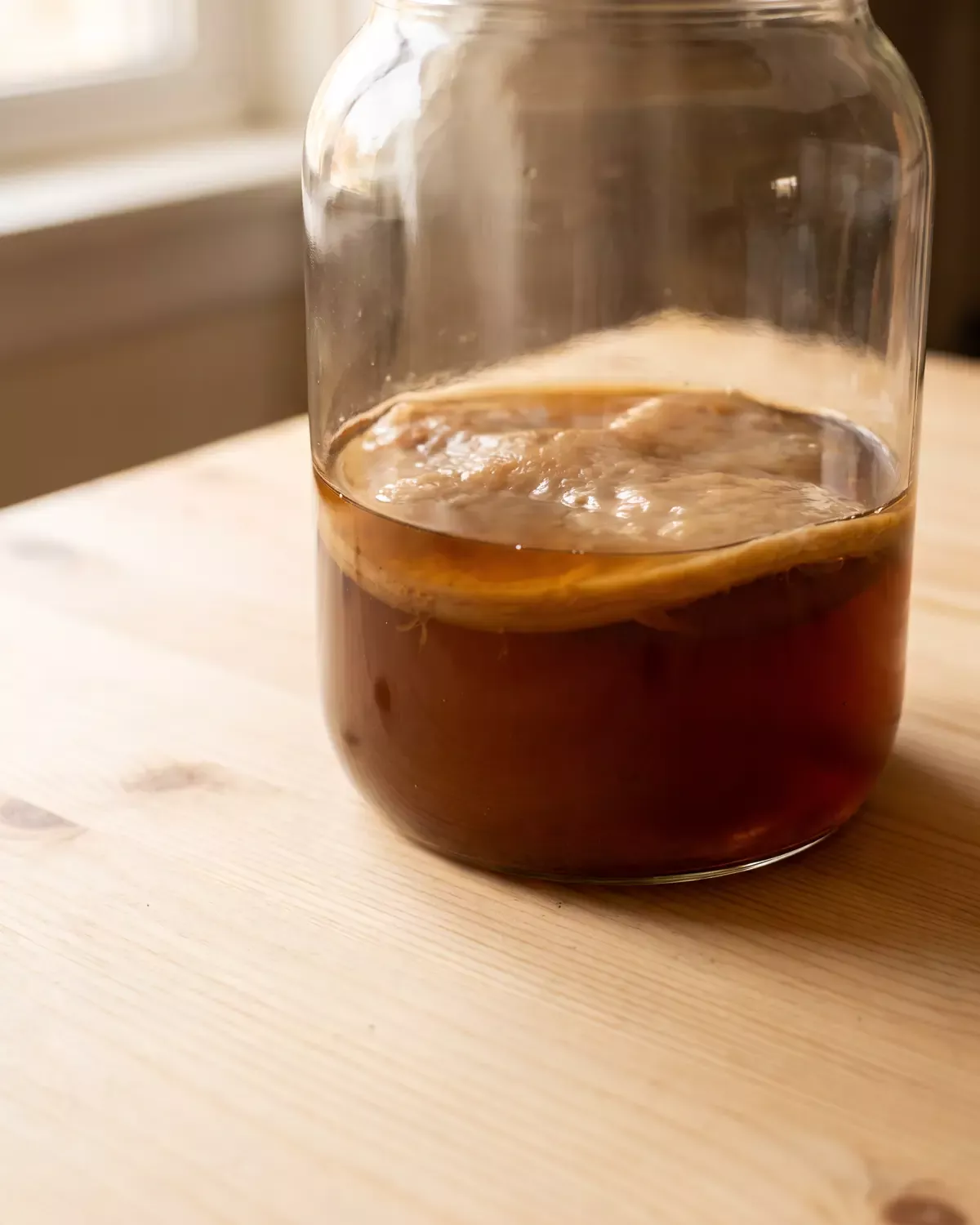 kombucha malade Vue verticale d’un bocal sur bois clair où le SCOBY apparaît comme une lune ambrée au fond.