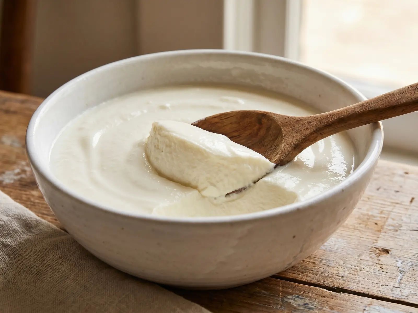 yaourt au lait fermenté Yaourt ferme dans un bol blanc, découpé à la cuillère en bois, avec une texture dense et nette.