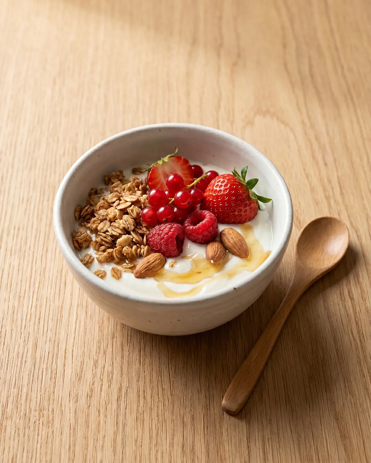 skyr kefir Bol de petit-déjeuner avec yaourt, fruits rouges, granola et amandes sur une table claire.