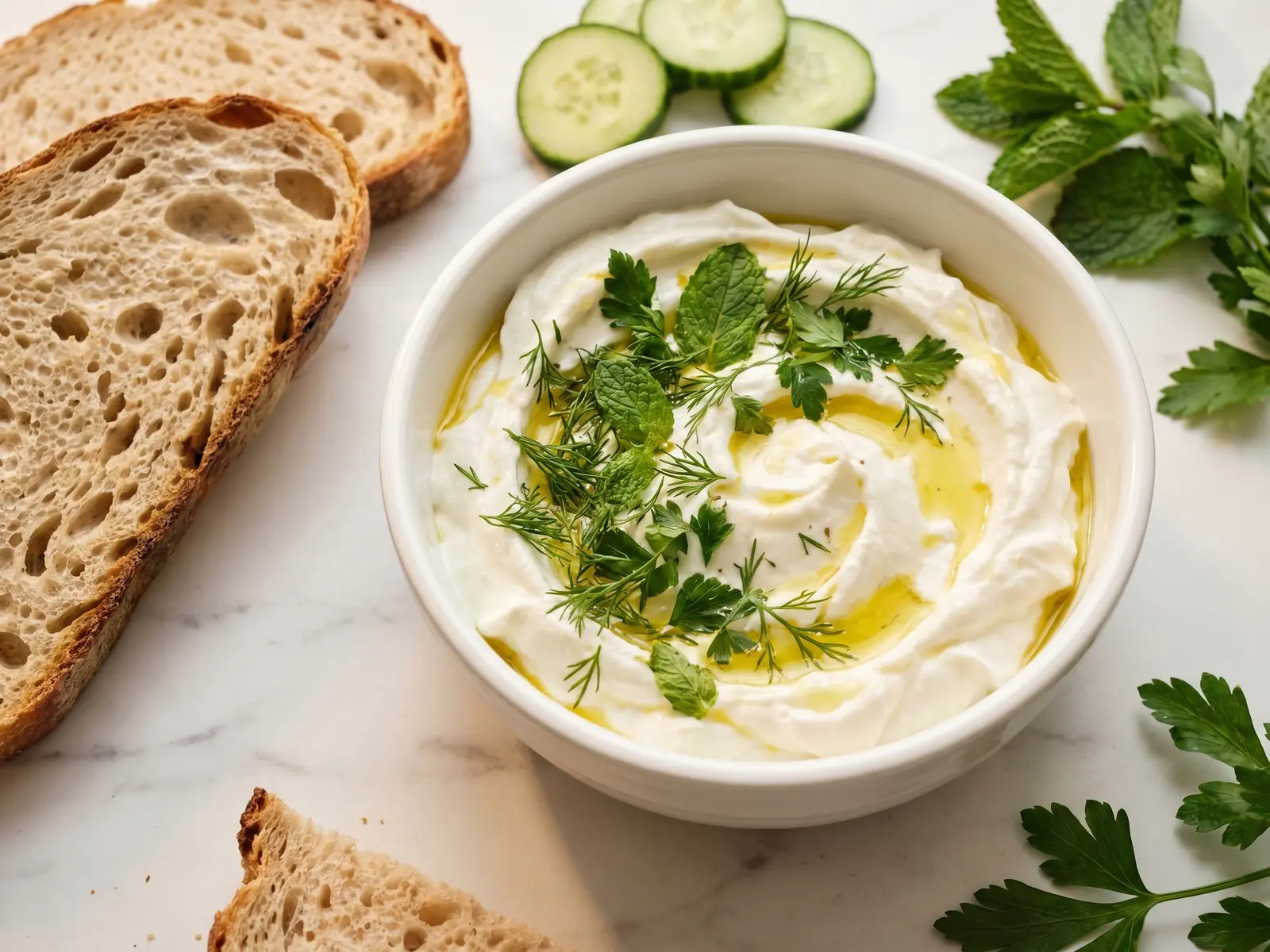 kefir yaourt bienfaits Bol de yaourt battu aux herbes fraîches, avec concombre et pain rustique sur un plan de marbre.
