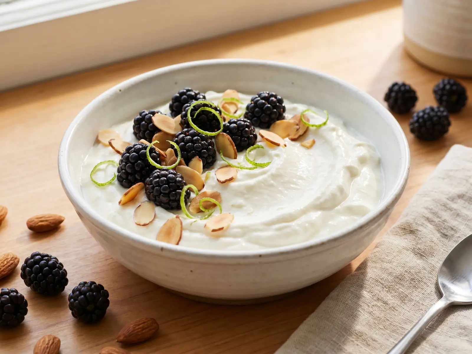 Bol de yaourt garni de m&ucirc;res, d&rsquo;amandes effil&eacute;es et de zeste de citron vert pr&egrave;s d&rsquo;une fen&ecirc;tre.
