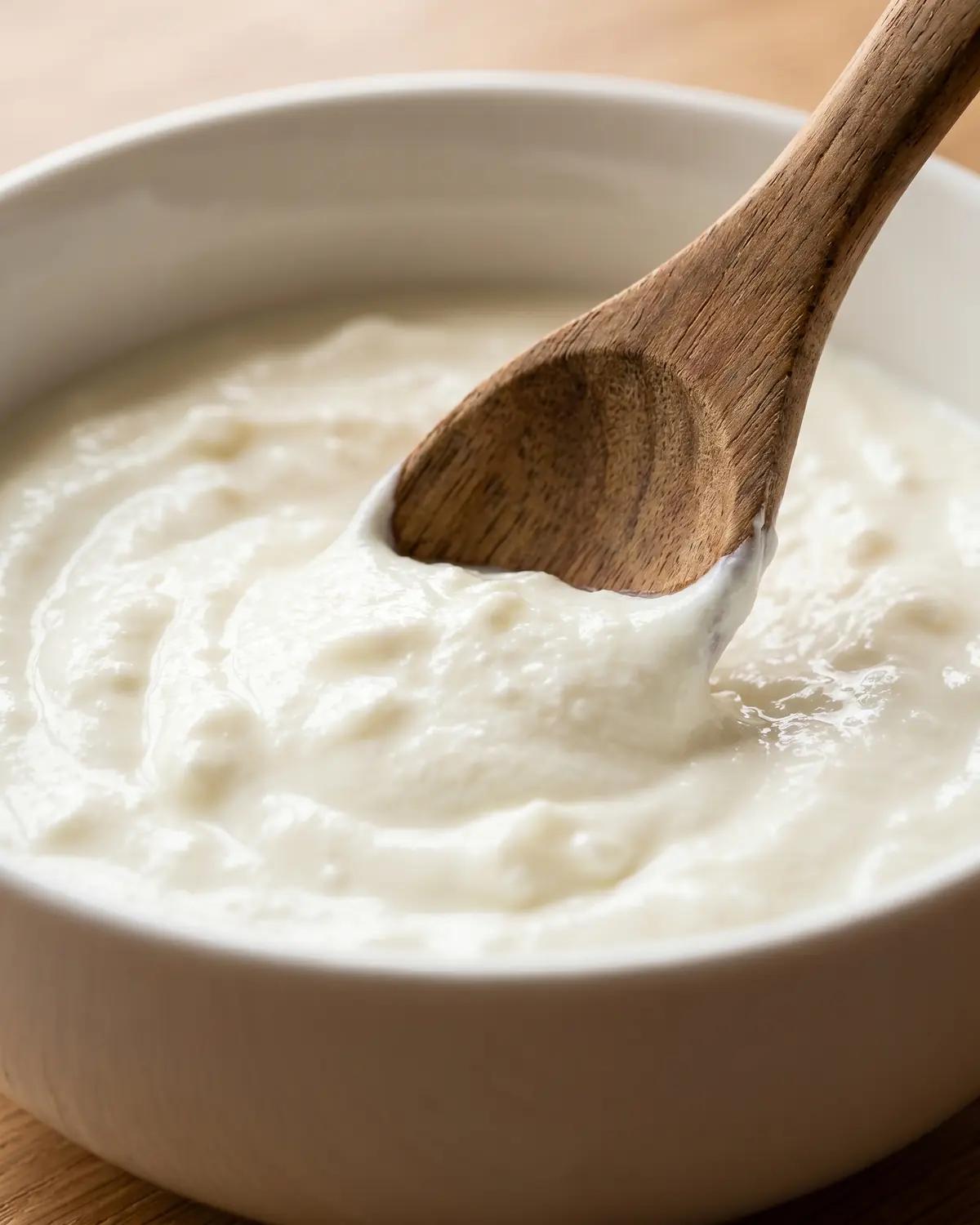 kefir yaourt bienfaits Cuillère en bois plongée dans un yaourt épais, avec le bord d’un bol blanc à peine visible.