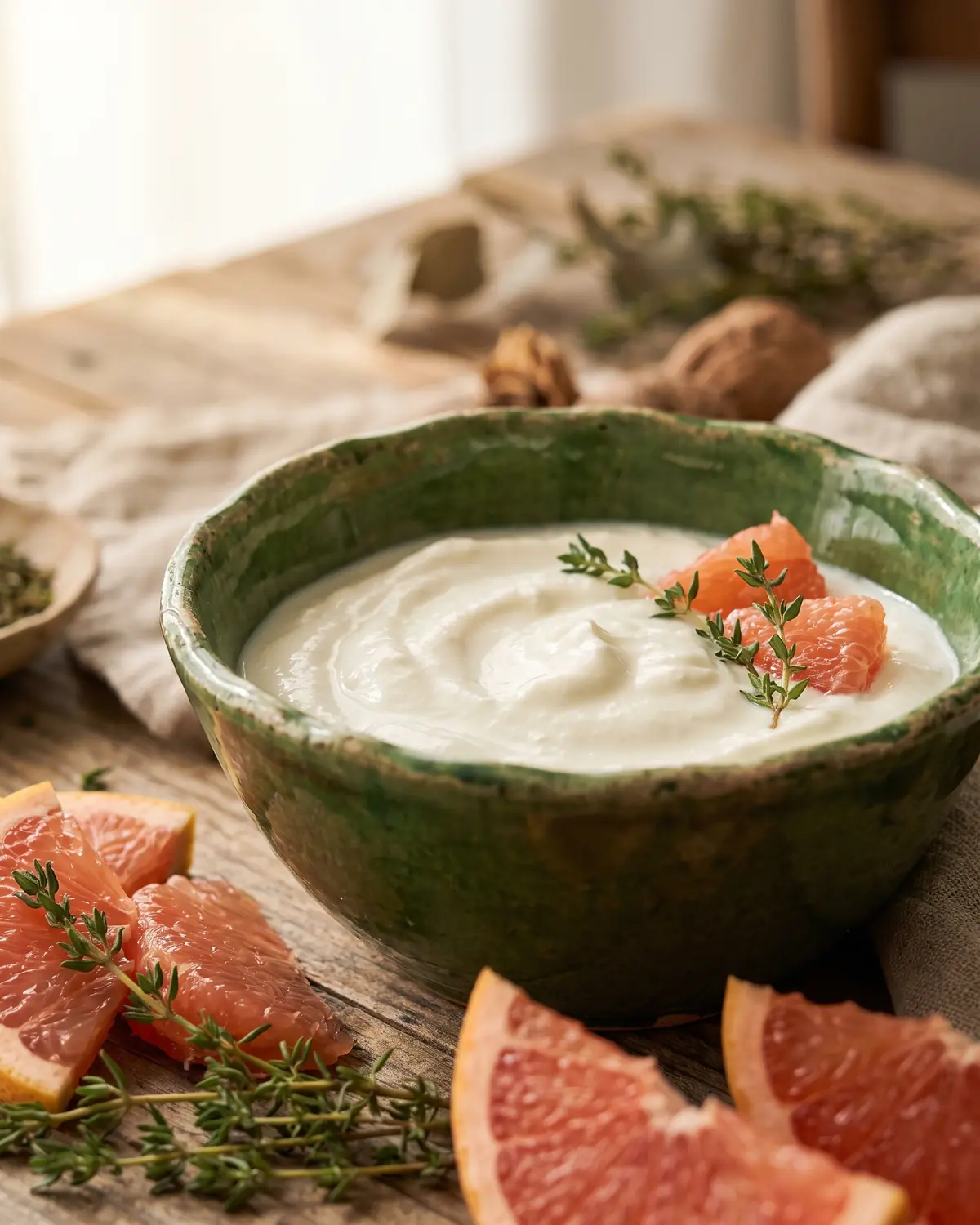 Bol vert garni de yaourt, pamplemousse rose et thym frais, pr&eacute;sent&eacute; sur un bord de table lumineux.