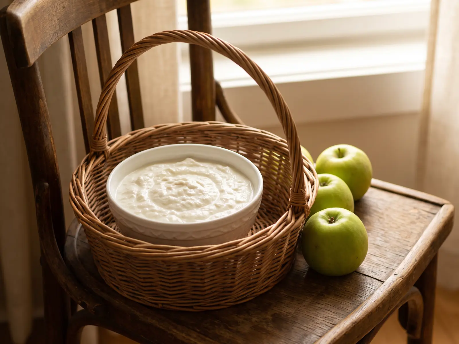 meilleur ferment lactique pour yaourt Cesto de mimbre sur une chaise avec un bol de yaourt maison et des pommes vertes à côté.