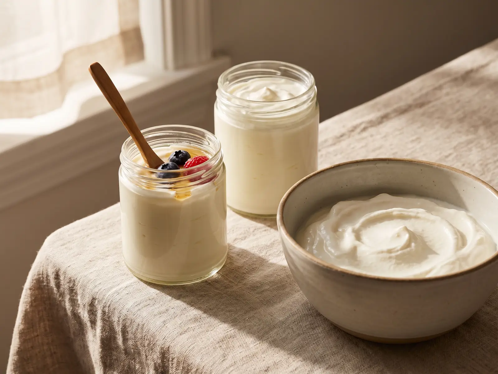 yaourt maison avec ferment lactique Deux récipients de yaourt, un pot en verre et un bol blanc posés sur une nappe écrue.
