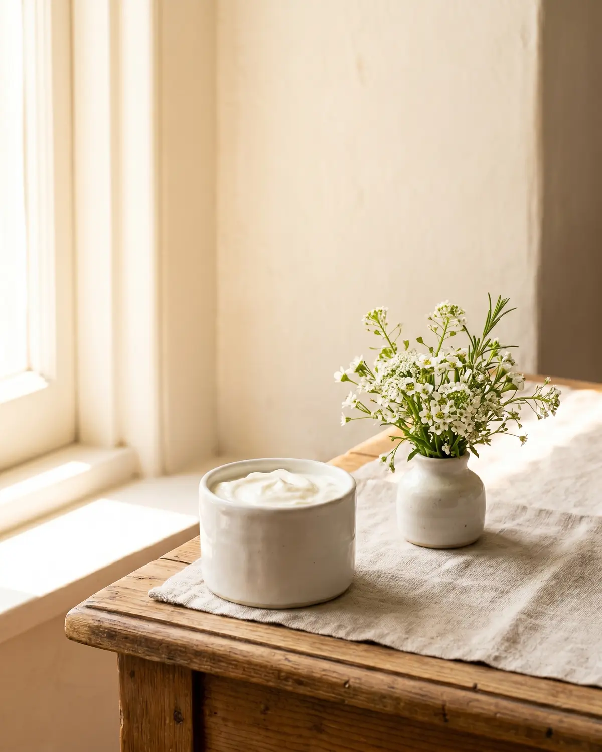 Yaourt cr&eacute;meux dans une tasse blanche pr&egrave;s de petites fleurs, &eacute;clair&eacute; par une fen&ecirc;tre sur fond clair.