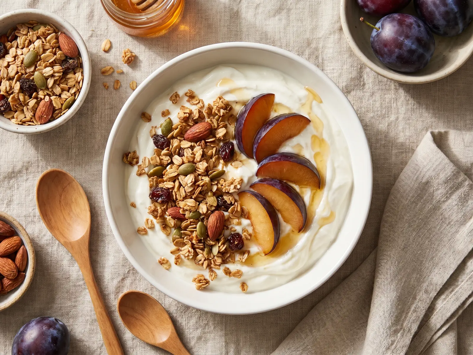 skyr kefir Bol de yaourt avec granola maison et prunes, vu du dessus sur un tissu en lin naturel.