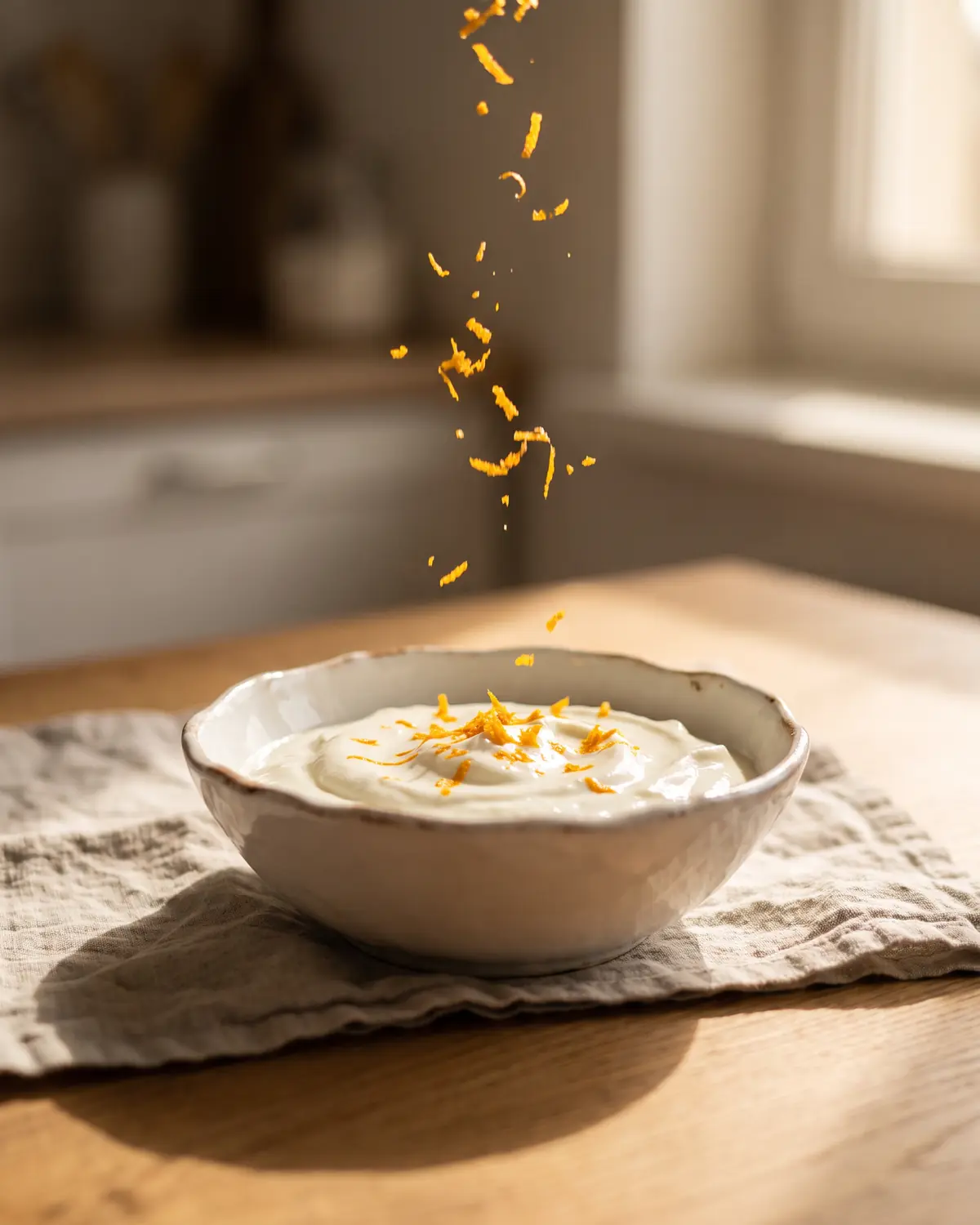 yaourt maison avec ferment lactique Zeste d’orange tombant sur un yaourt lisse dans un bol blanc éclairé par une ombre chaude.
